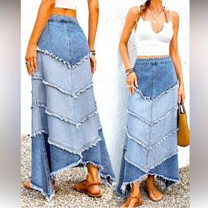Denim Maxi Skirt with Frayed Hem